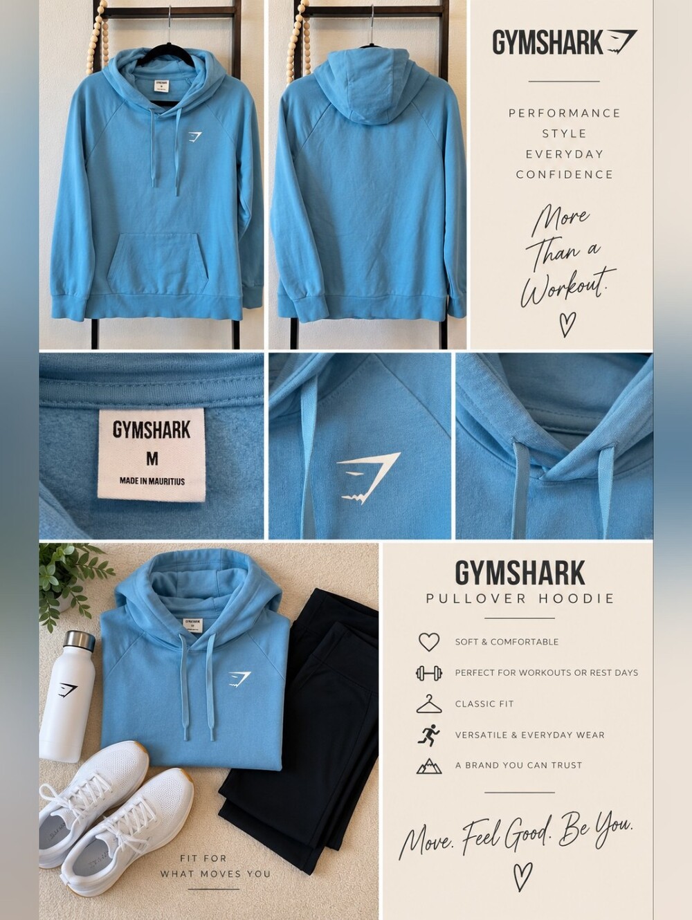Gymshark Light Blue Pullover Hoodie – Size Medium